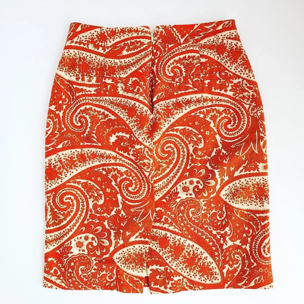 J Crew Paisley Pencil Skirt Womens 0 Fully Lined Orange/White Cotton Blend
